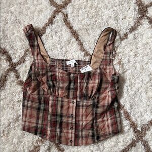 Plaid Button-Front Crop Top in Red and Brown